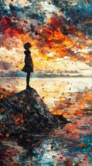 Fototapeta premium Girl contemplates sunset over water; artistic digital painting; potential use for desktop wallpaper or mood board