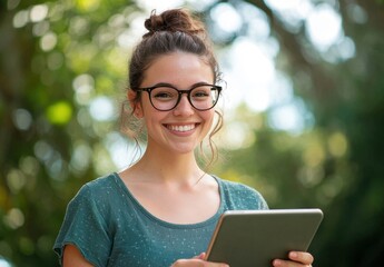Fototapeta premium Young Woman with Glasses Smiling While Using Tablet Outdoors