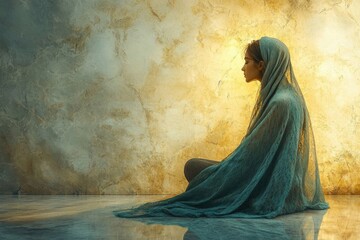 A serene woman, veiled in teal, meditates against a textured, golden wall, embodying peace and tranquility.