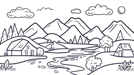 Naklejka premium Serene mountain valley river landscape, idyllic farmhouses, coloring book page