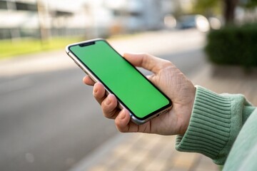 Hand holding smartphone with blank screen