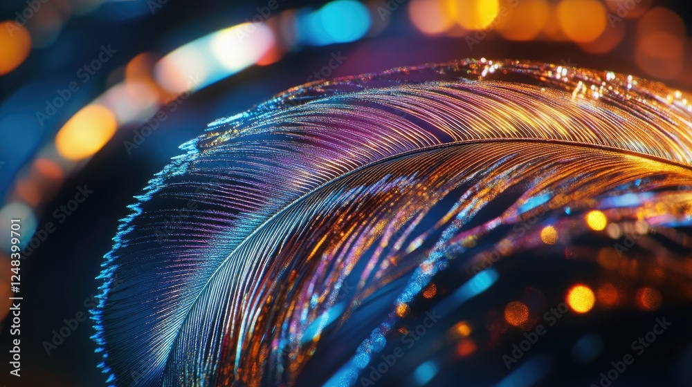 Poster a vibrant iridescent feather against a bokeh background