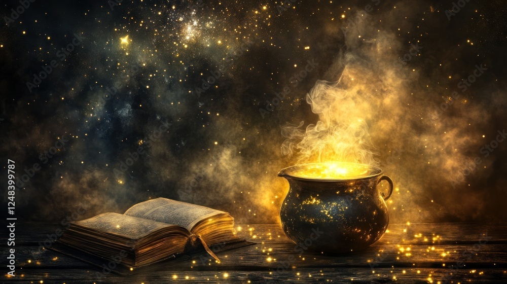 Aufkleber Magical Cauldron Scene With Open Ancient Book