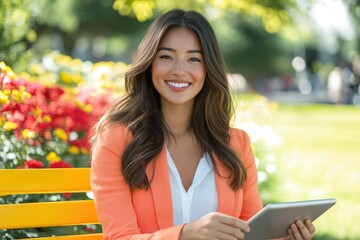 Obraz premium Smiling woman sits on a yellow bench in a park, using a tablet, surrounded by colorful flowers.