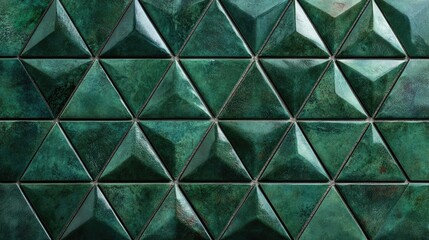 Obraz premium Geometric fluted triangle pattern in dark green mosaic tiles, offering a modern, textured look ideal for contemporary architectural backgrounds