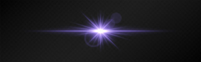 Bright purple lens flare with radiating beams on a dark transparent background. Horizontal glow effect symbolizes illumination, energy, and futuristic design. Sci-fi, digital effects, abstract themes