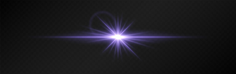 Obraz premium Bright purple lens flare with radiating beams on a dark transparent background. Horizontal glow effect symbolizes illumination, energy, and futuristic design. Sci-fi, digital effects, abstract themes
