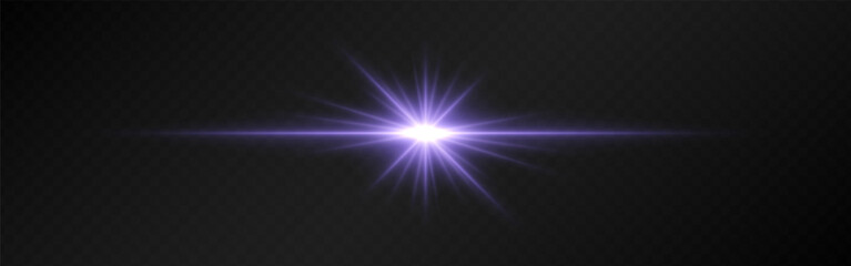 Bright purple lens flare with radiating beams on a dark transparent background. Horizontal glow effect symbolizes illumination, energy, and futuristic design. Sci-fi, digital effects, abstract themes