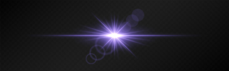 Bright purple lens flare with radiating beams on a dark transparent background. Horizontal glow effect symbolizes illumination, energy, and futuristic design. Sci-fi, digital effects, abstract themes