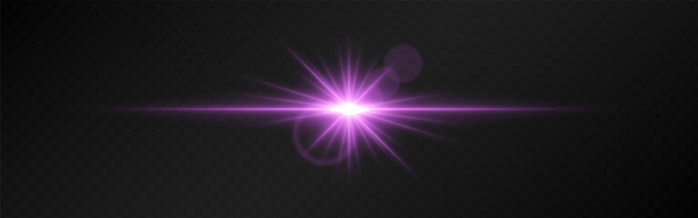 Bright pink lens flare with radiating beams on a dark transparent background. Horizontal glow effect symbolizes illumination, energy, and futuristic design. Sci-fi, digital effects, abstract themes