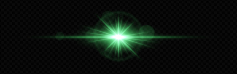 Bright green lens flare with radiating beams and light rings on a dark transparent background. Horizontal glow effect symbolizes illumination, energy, and futuristic design