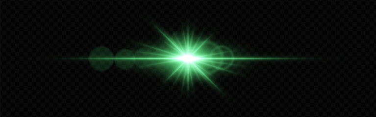 Bright green lens flare with radiating beams and light rings on a dark transparent background. Horizontal glow effect symbolizes illumination, energy, and futuristic design