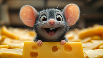 A 3D cartoon mouse with large ears and a cute smile, peeking from behind a cheese wedge on a white background.