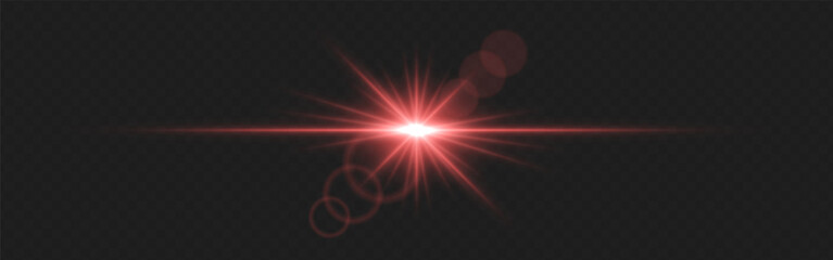 Warm red lens flare with radiant beams and circular light reflections on a dark transparent background. Horizontal glow effect symbolizes illumination, energy, and cinematic lighting