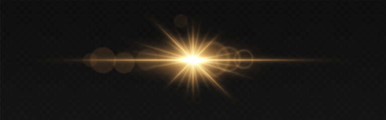 Obraz premium Golden light flare with radiant beams and soft circular reflections on a dark transparent background. Horizontal glow effect represents illumination, energy, and cinematic lighting. Sci-fi visuals