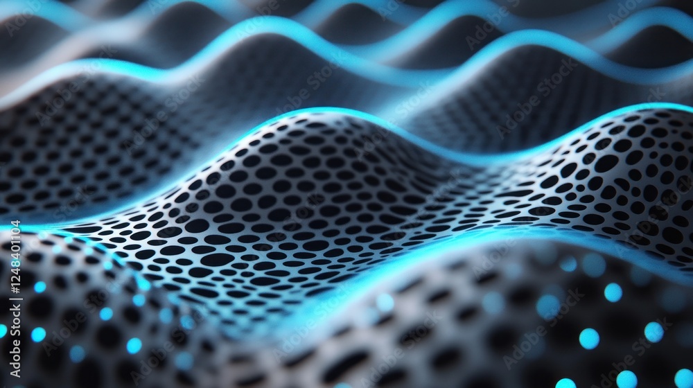 Aufkleber Abstract Wavy Surface with Perforated Pattern and Blue Glowing Lines