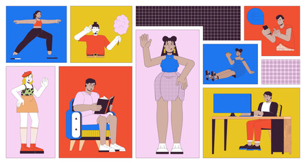 Everyday activities bento grid illustration set. Work and leisure routine lifestyle 2D vector image collage design graphics collection. Happy multicultural people flat characters moodboard layout