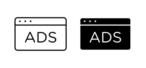Ad icons pack vectors in black flat and strokes