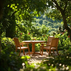 Obraz premium Wooden Table and Chairs on a Sunny Patio in a Lush Green