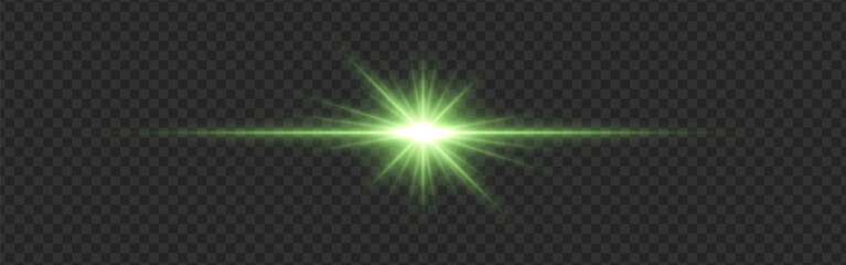 Green light flare with a bright glow and lens reflections on a transparent dark background. Radiating beams and a horizontal streak create a futuristic illumination effect