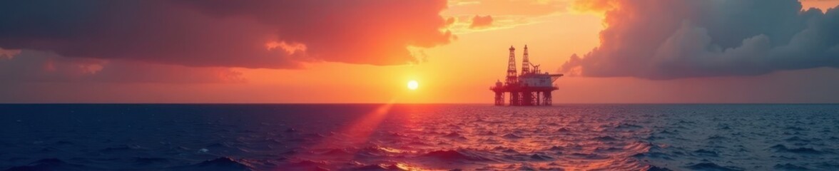 Obraz premium Vast ocean landscape with oil rig in the distance at sunset, production, natural light, energy