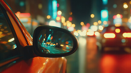vibrant city night scene reflecting in car mirror, showcasing lights and movement