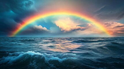 Fototapeta premium A vibrant rainbow arches over a wavy ocean under dramatic sky view