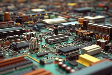 Close-up circuit board components, factory, tech background, repair