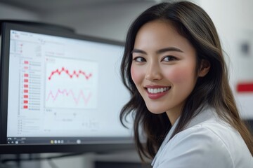 Obraz premium A smiling young woman looks over her shoulder while working on a computer displaying data graphs.