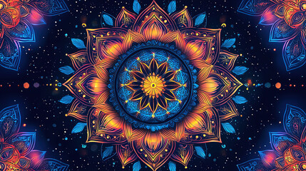 Vibrant mandala artwork featuring intricate floral designs and cosmic elements in vivid colors. Generative AI