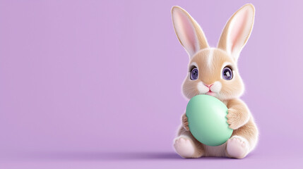 Obraz premium A small bunny holds an Easter egg on a flat background, ready for personalization.