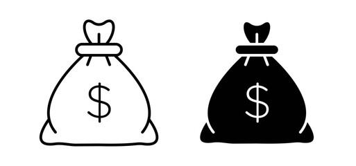 Money bag icons pack vectors in black flat and strokes