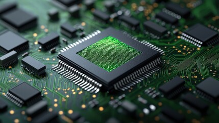 Abstract of a green microchip or circuit board symbolizing sustainable and eco friendly technology innovation and digital advancements in the modern industry and science
