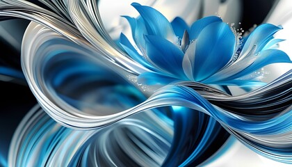 Elegant blue flower with swirling metallic petals in a dynamic abstract design
