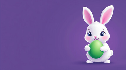 Fototapeta premium A small bunny holds an Easter egg on a flat background, ready for personalization.