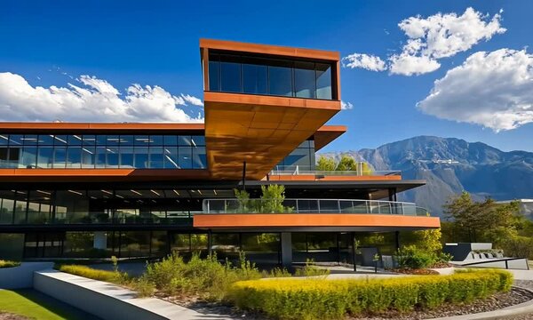 Modern architectural building with cantilevered section surrounded by landscaped gardens and mountains