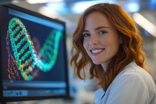 A smiling female scientist examines a DNA strand displayed on a computer screen in a modern lab. - Powered by Adobe