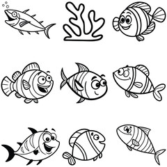 Fish cartoon icon bundle line art silhouette vector 