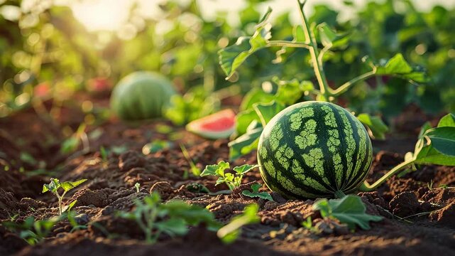 watermelons in the field close-up