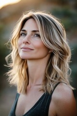 Naklejka premium confident woman in her 40s with shoulder-length blonde hair and soft highlights, captured in golden hour lighting