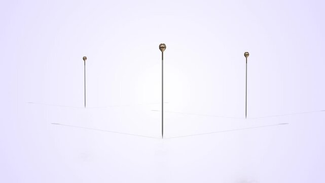 Straight Pins on a Light Reflective Floor. Stylized Sewing Pins 3D Animation. 4K