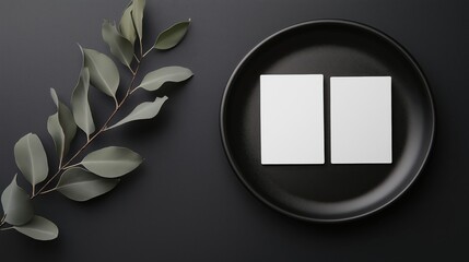flat lay of a black plate with two white business cards on it. The plate is placed on a dark grey background