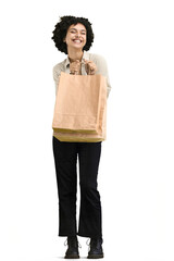 Fototapeta premium A woman, full-length, on a white background, with bags