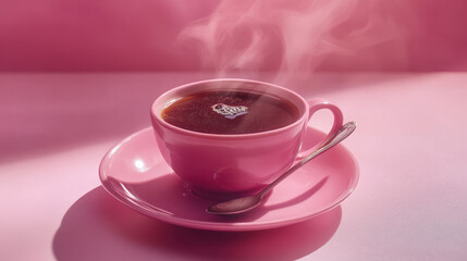 Fototapeta premium glass cup of black tea and spoon on plate, isolated on pink background 3d render illustration