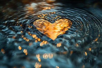 Heart-shaped reflection of light on rippling water creates a symbol of love and connection. Generative AI