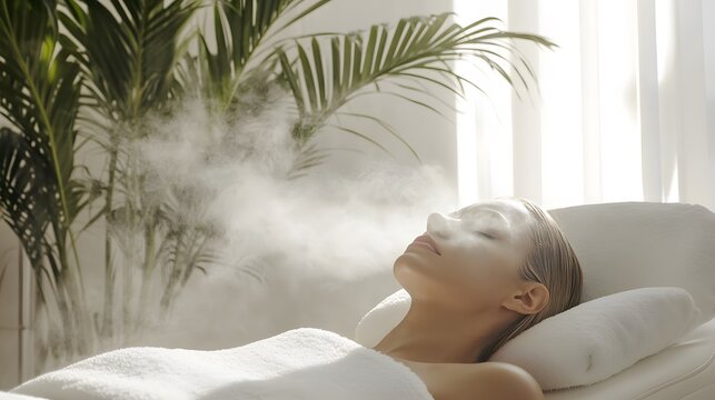 A rejuvenating oxygen facial treatment with fine mist spraying oxygen onto the clients face The mist creates a soft glow on her skin