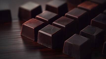 Close-up of artisan chocolate pieces arranged on a wooden surface, showcasing rich colors and textures for a delicious visual appeal.