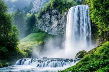 Fototapeta premium Power generation at a hydroelectric dam surrounded by trees in early morning mist