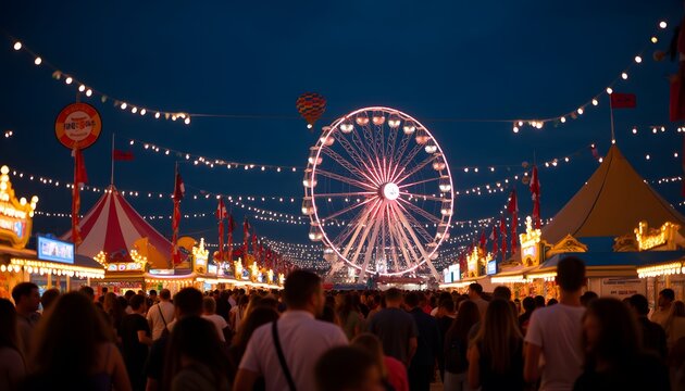 Vibrant Night at the Fair with a Ferris Wheel and Crowded Walkways