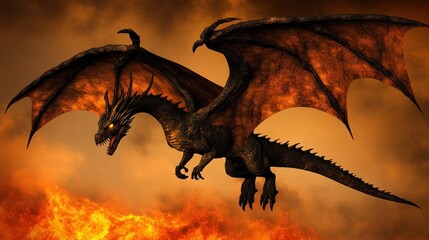 Black Dragon Soaring Above Fiery Inferno